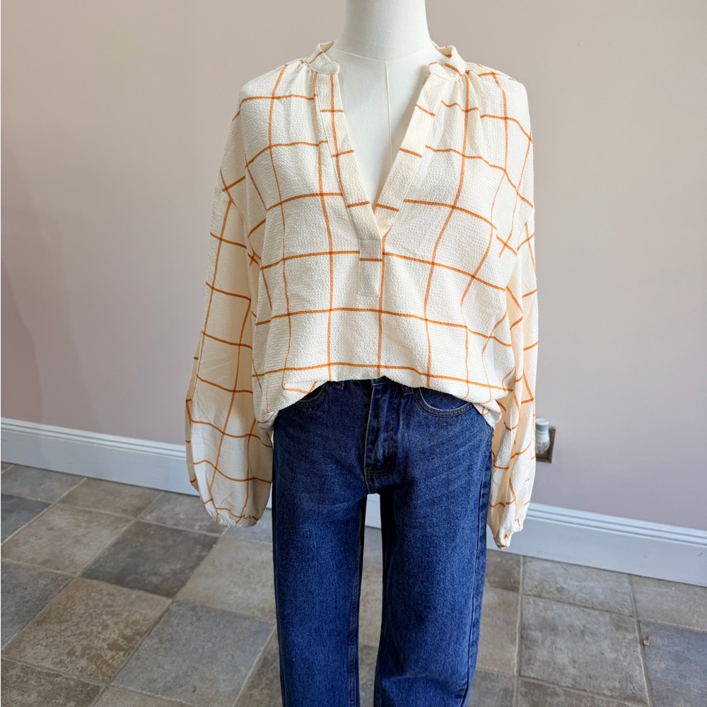 A New Day Cream Windowpane Blouse (NWT)
